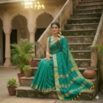 A woman poses in a teal green Kota silk Bhagalpuri saree featuring gold floral buta embroidery and a wide gold zari border on a set of stone steps.