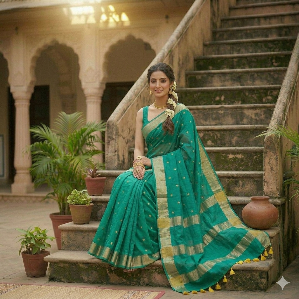 Teal Green Kota Silk Bhagalpuri Saree with Floral Buta Embroidery 2 A woman poses in a teal green Kota silk Bhagalpuri saree featuring gold floral buta embroidery and a wide gold zari border on a set of stone steps.