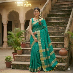 A woman poses in a teal green Kota silk Bhagalpuri saree featuring gold floral buta embroidery and a wide gold zari border on a set of stone steps.