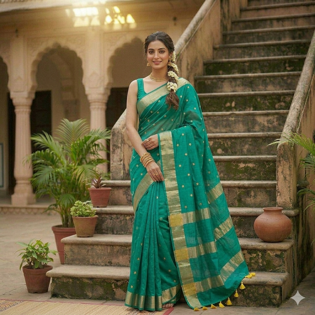 Teal Green Kota Silk Bhagalpuri Saree with Floral Buta Embroidery A woman poses in a teal green Kota silk Bhagalpuri saree featuring gold floral buta embroidery and a wide gold zari border on a set of stone steps.