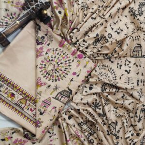 An unstitched beige Katan silk suit material set by Bhavya Lakshmi Fabrics featuring detailed black and magenta Warli tribal dance prints, geometric borders, and a matching dupatta.