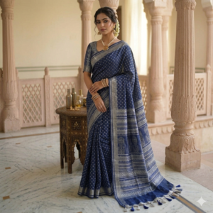 Elegant indigo blue semi-linen Bhagalpuri saree featuring white block prints, architectural pallu details, and pompom tassels.