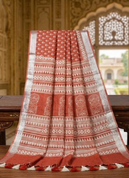 Sophisticated rust orange linen blend Bhagalpuri saree featuring white geometric Bagru prints and elegant pompom tassels.