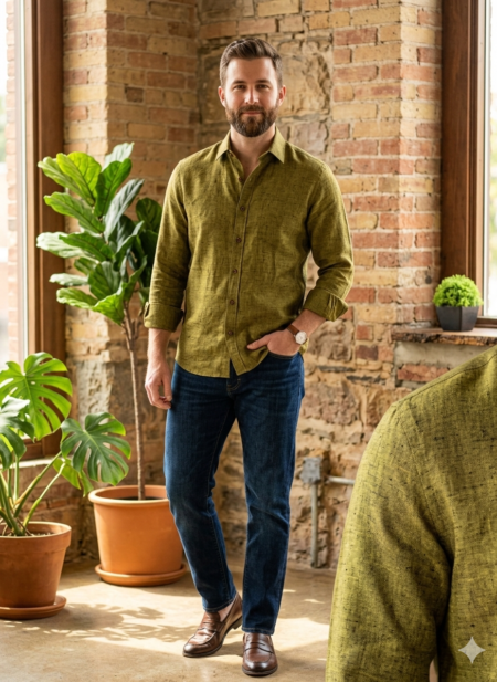 Bhavyaloom Men's 100% Pure Linen Luxury Shirt – Olive Green
