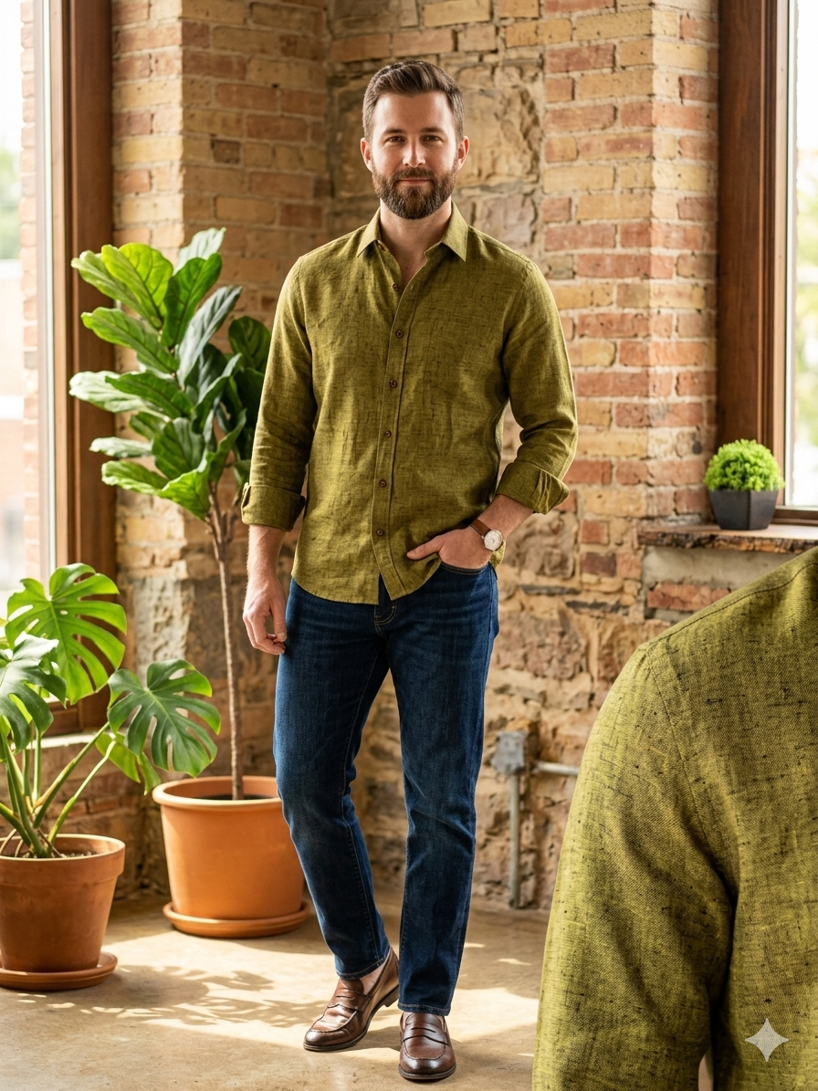 Bhavyaloom Men's 100% Pure Linen Luxury Shirt – Olive Green 1 Bhavyaloom Men's 100% Pure Linen Luxury Shirt – Olive Green