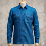 Bhavyaloom mens indigo blue pure linen full sleeve shirt paired with beige trousers front view