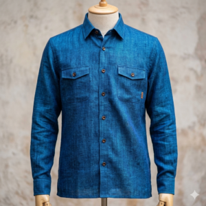 Bhavyaloom mens indigo blue pure linen full sleeve shirt paired with beige trousers front view