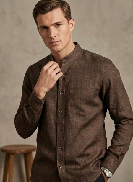 Bhavyaloom mens dark brown pure linen mandarin collar long sleeve shirt front view