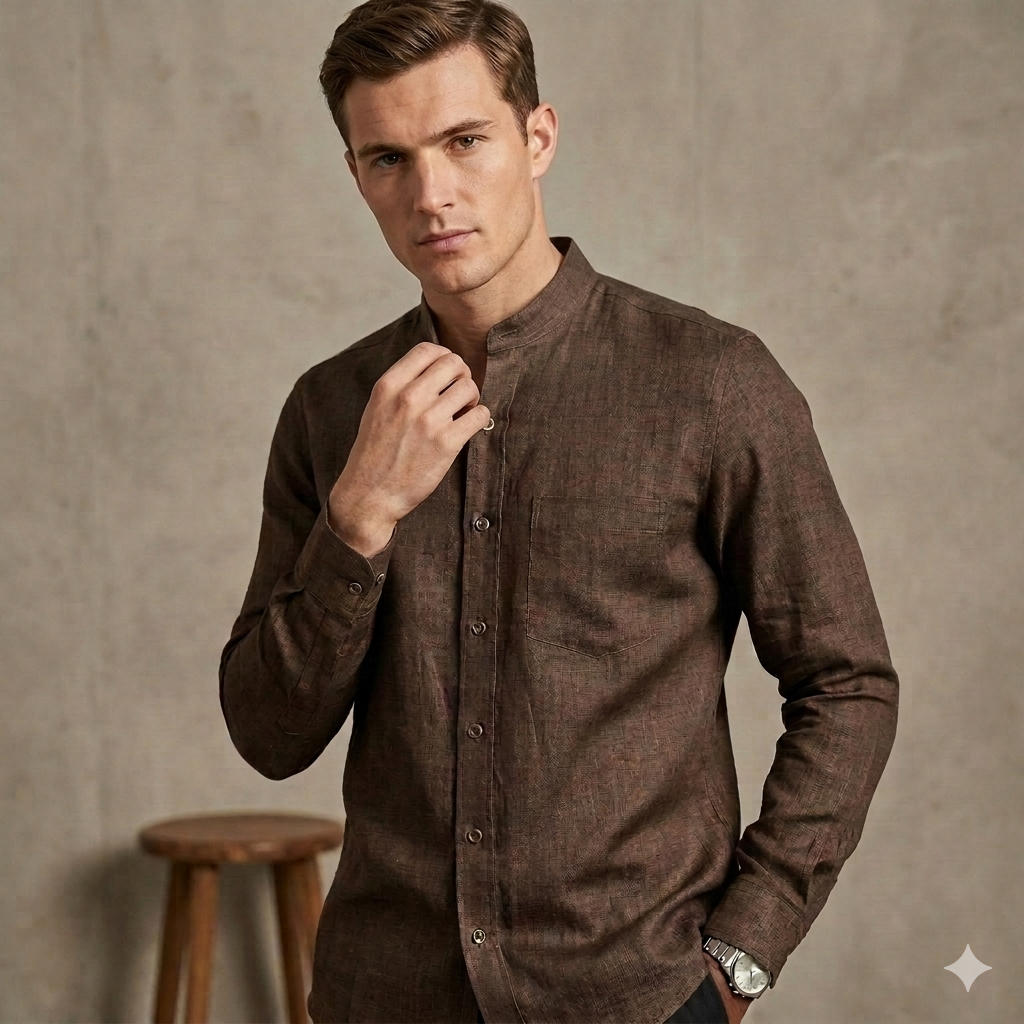 Men's 100% Pure Linen Luxury Shirt – Dark Brown Breathable bhavyaloom Bhavyaloom mens dark brown pure linen mandarin collar long sleeve shirt front view