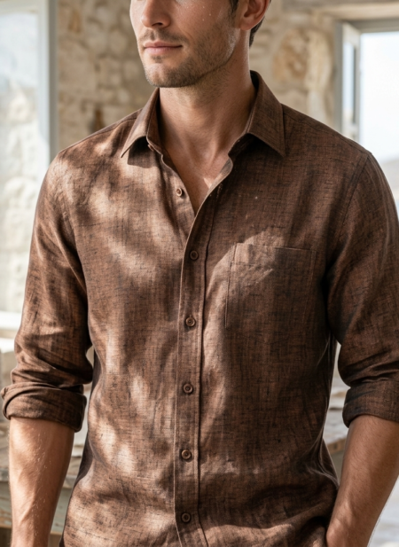 Bhavyaloom Men's 100% Pure Linen Luxury Shirt – Earthy Textured Brown Breathable Full Sleeve Casual Wear