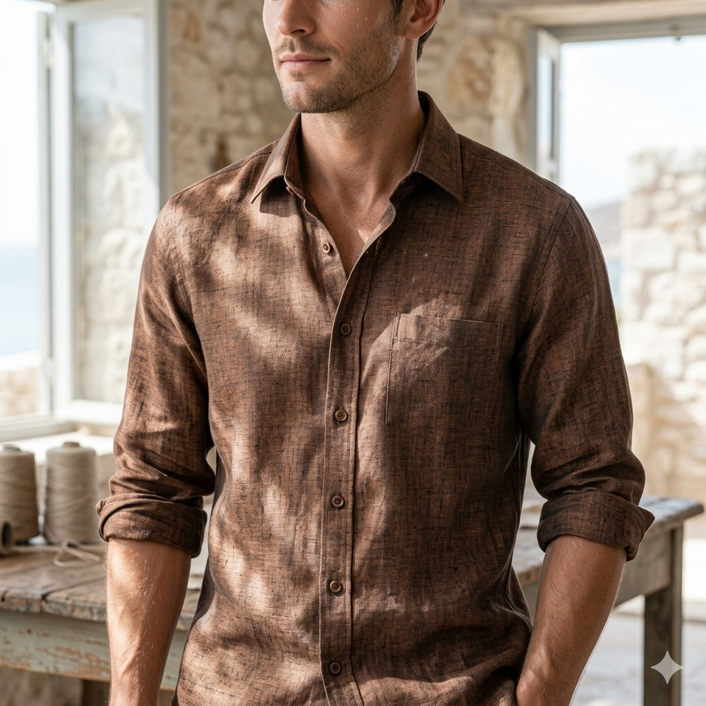 Men's 100% Pure Linen Luxury Shirt – Earthy Textured Brown By Bhavyaloom Bhavyaloom Men's 100% Pure Linen Luxury Shirt – Earthy Textured Brown Breathable Full Sleeve Casual Wear
