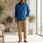 Bhavyaloom mens indigo blue pure linen full sleeve shirt paired with beige trousers front view