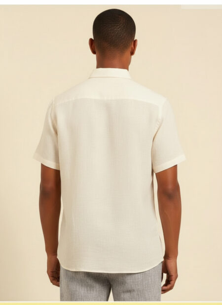 Bhavyaloom mens off white pure linen short sleeve shirt with pocket front view