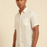 Bhavyaloom mens off white pure linen short sleeve shirt with pocket front view