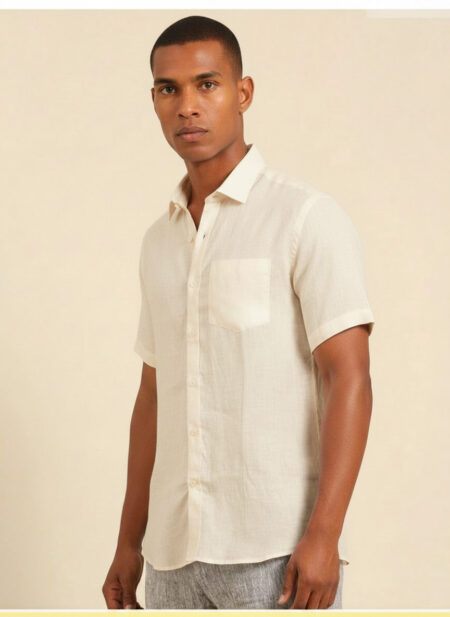 Bhavyaloom mens off white pure linen short sleeve shirt with pocket front view