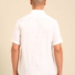 Bhavyaloom mens pure white natural flax linen short sleeve shirt with chest pocket front view