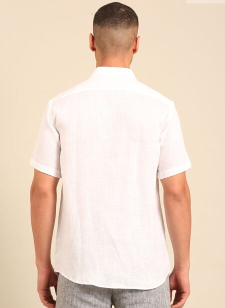 Bhavyaloom mens pure white natural flax linen short sleeve shirt with chest pocket front view