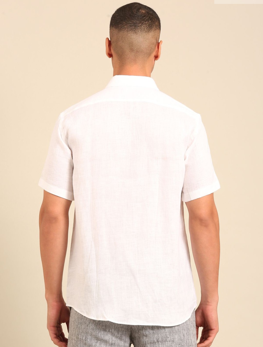 Men's 100% Pure Linen Luxury Shirt – Pristine White Breathable Half Sleeve By Bhavyaloom 1 Bhavyaloom mens pure white natural flax linen short sleeve shirt with chest pocket front view