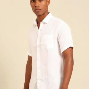 Bhavyaloom mens pure white natural flax linen short sleeve shirt with chest pocket front view