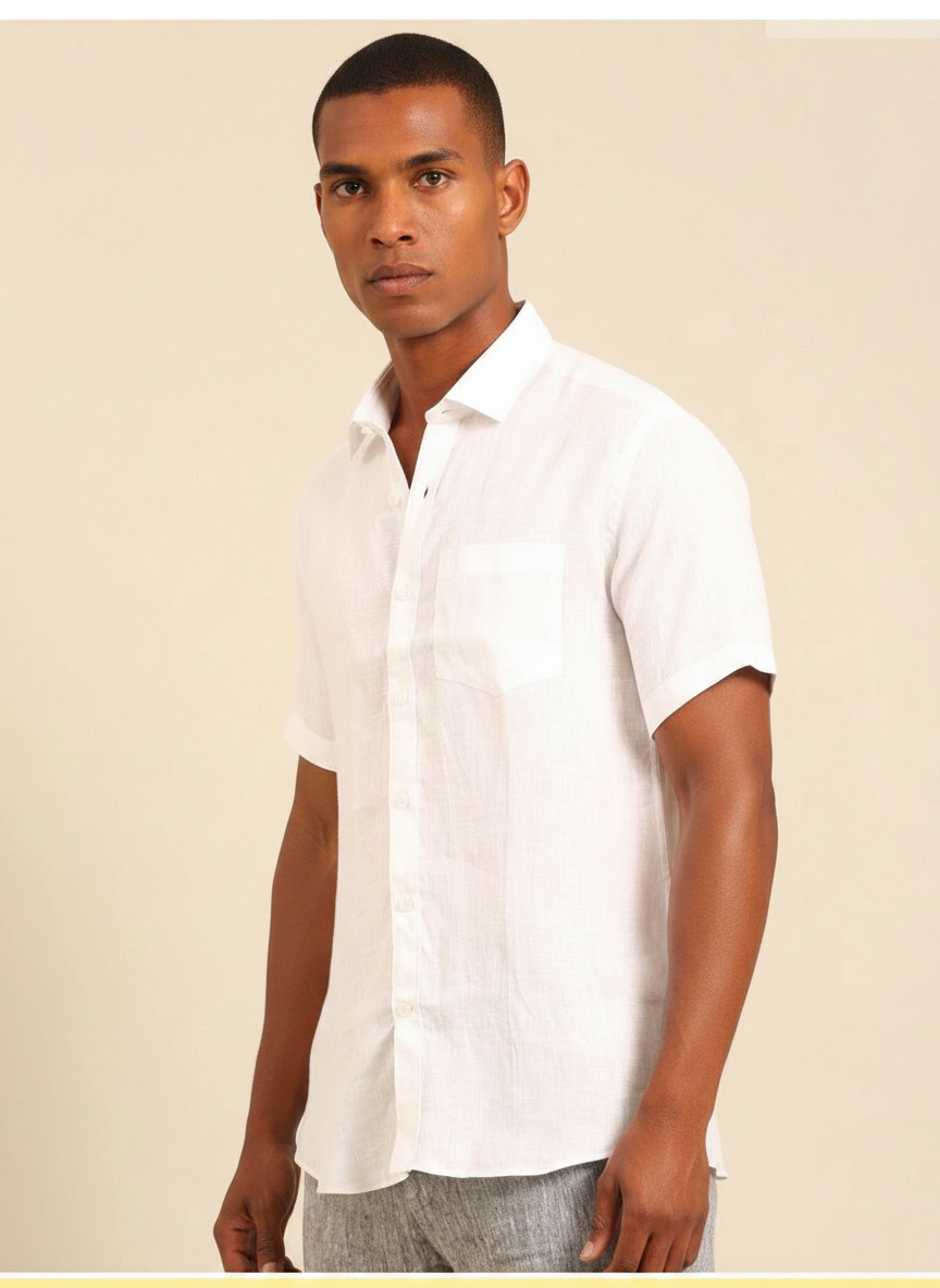 Men's 100% Pure Linen Luxury Shirt – Pristine White Breathable Half Sleeve by Bhavyaloom Bhavyaloom mens pure white natural flax linen short sleeve shirt with chest pocket front view