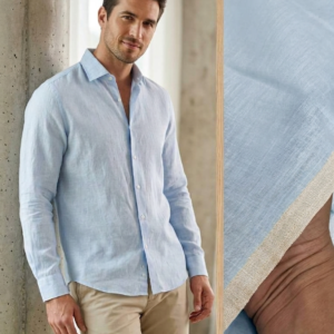Bhavyaloom mens sky blue pure linen full sleeve casual shirt on model front view