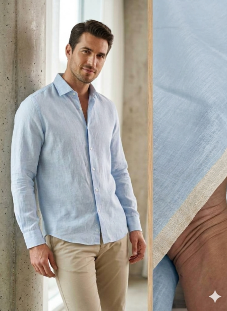 Bhavyaloom mens sky blue pure linen full sleeve casual shirt on model front view