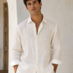 Bhavyaloom mens off white pure linen full sleeve casual shirt on model front view