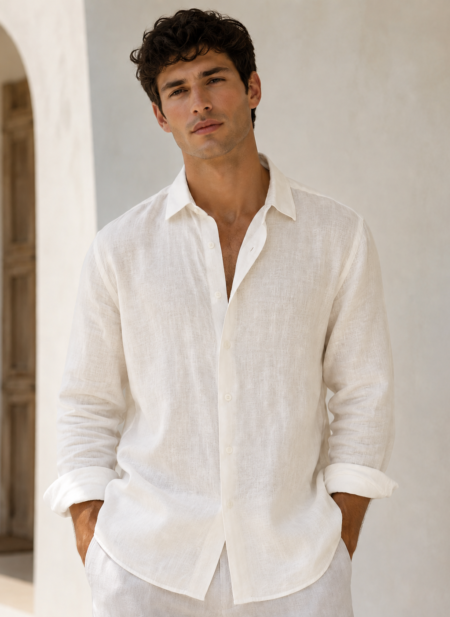 Bhavyaloom mens off white pure linen full sleeve casual shirt on model front view