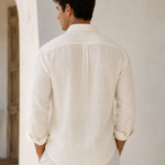 Bhavyaloom mens off white pure linen full sleeve casual shirt on model front view
