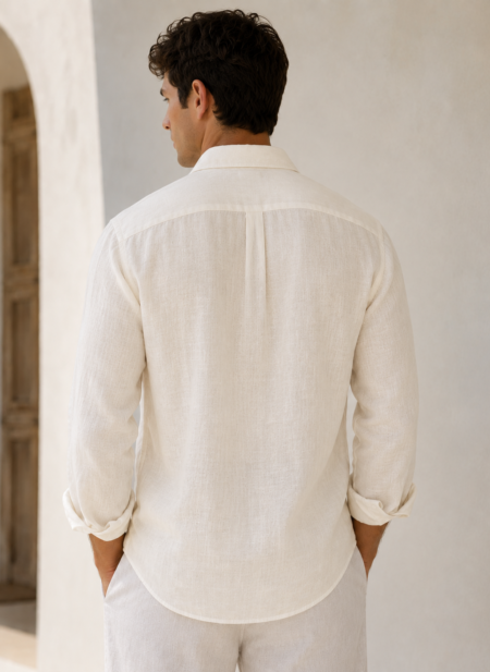 Bhavyaloom mens off white pure linen full sleeve casual shirt on model front view
