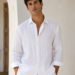 Bhavyaloom mens Pure white pure linen full sleeve casual shirt on model front view