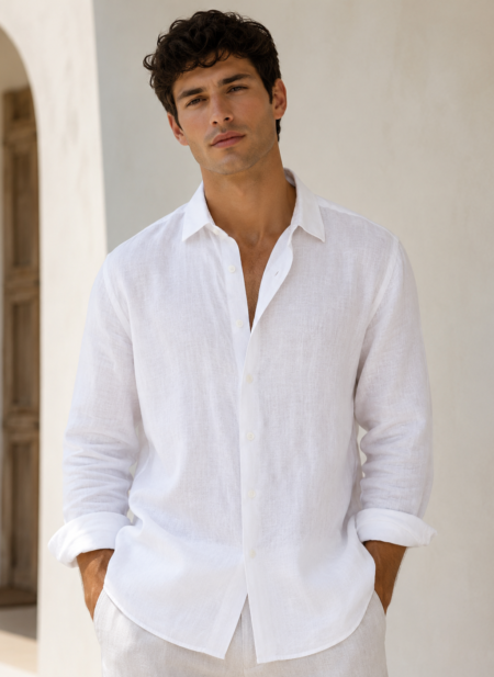 Bhavyaloom mens Pure white pure linen full sleeve casual shirt on model front view
