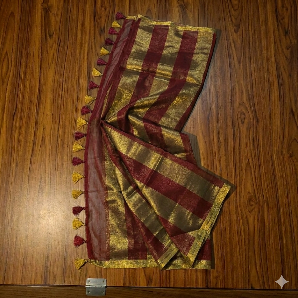 Rich maroon and metallic gold zari striped tissue silk saree By Bhavyaloom Rich maroon and metallic gold zari striped tissue silk saree featuring intricate borders and matching tassel details.