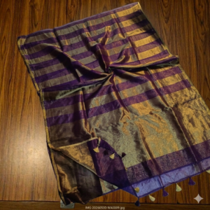 Royal purple and metallic gold zari striped tissue silk saree featuring intricate borders and matching tassel details.
