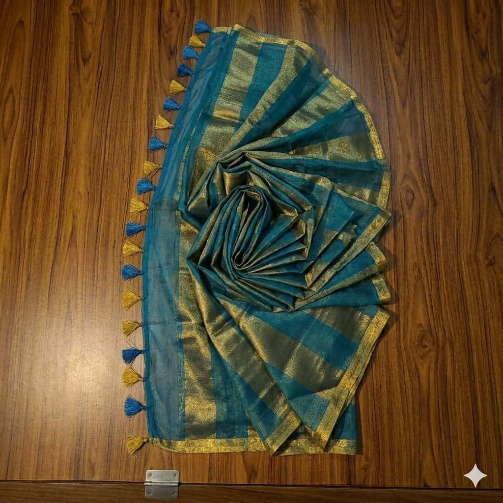 Tissue Silk Saree Teal Blue & Gold Zari Stripes Bhavya Lakshmi Fabrics Sophisticated teal blue and metallic gold zari striped tissue silk saree featuring intricate borders and matching tassel details.