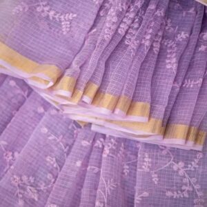 Bhavyaloom lilac lavender bhagalpuri kota doria embroidery saree with elegant gold zari border close up pleated view
