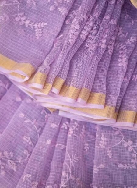 Bhavyaloom lilac lavender bhagalpuri kota doria embroidery saree with elegant gold zari border close up pleated view