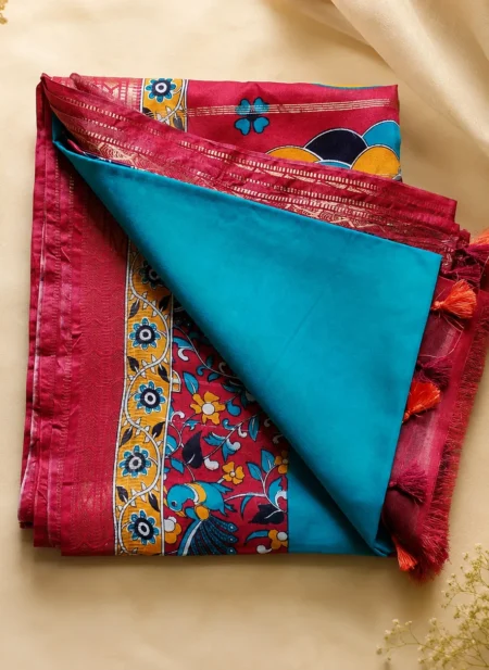 Bhavyaloom turquoise blue premium kota viscose saree with maroon kalamkari border and peacock motif pallu front view
