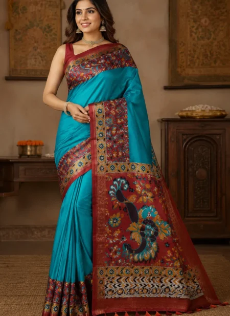 Bhavyaloom turquoise blue premium kota viscose saree with maroon kalamkari border and peacock motif pallu front view