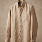 Bhavyaloom mens beige pure linen long sleeve shirt with front pocket on hanger front view