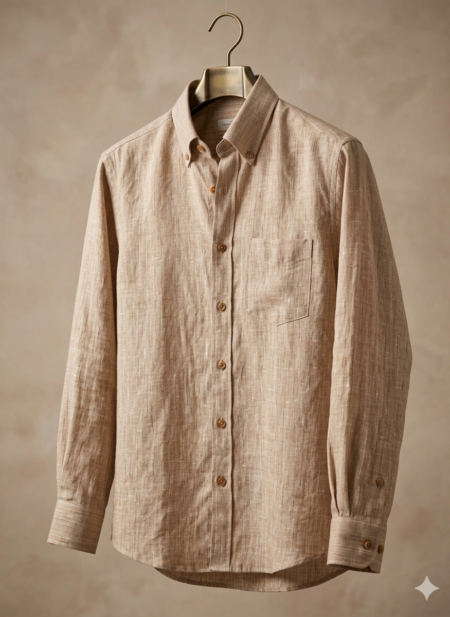 Bhavyaloom mens beige pure linen long sleeve shirt with front pocket on hanger front view