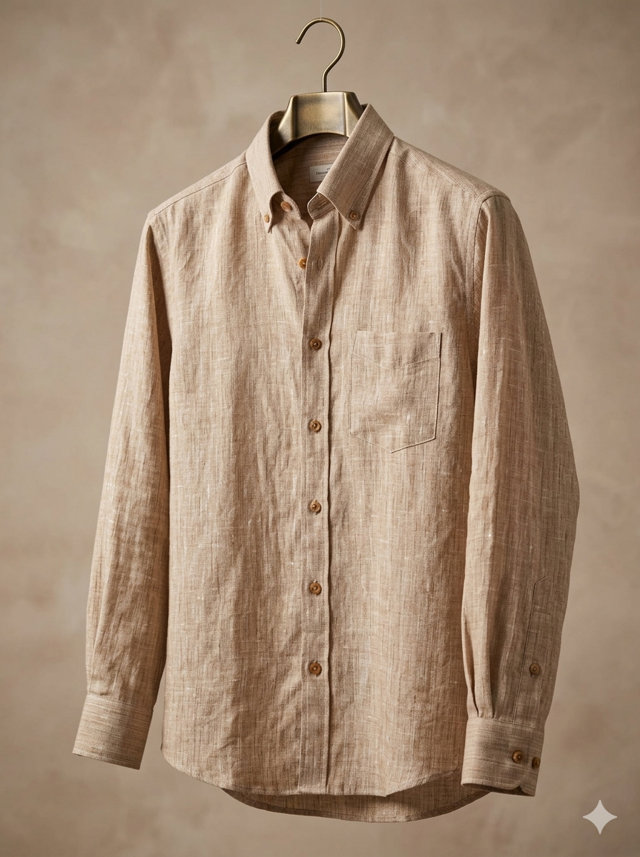 Bhavyaloom Men's 100% Pure Linen Luxury Shirt – Beige Textured Bhavyaloom mens beige pure linen long sleeve shirt with front pocket on hanger front view