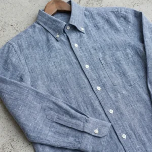 Bhavyaloom mens chambray blue textured pure linen full sleeve button down shirt with pocket on hanger