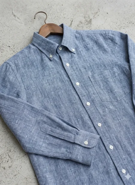 Bhavyaloom mens chambray blue textured pure linen full sleeve button down shirt with pocket on hanger