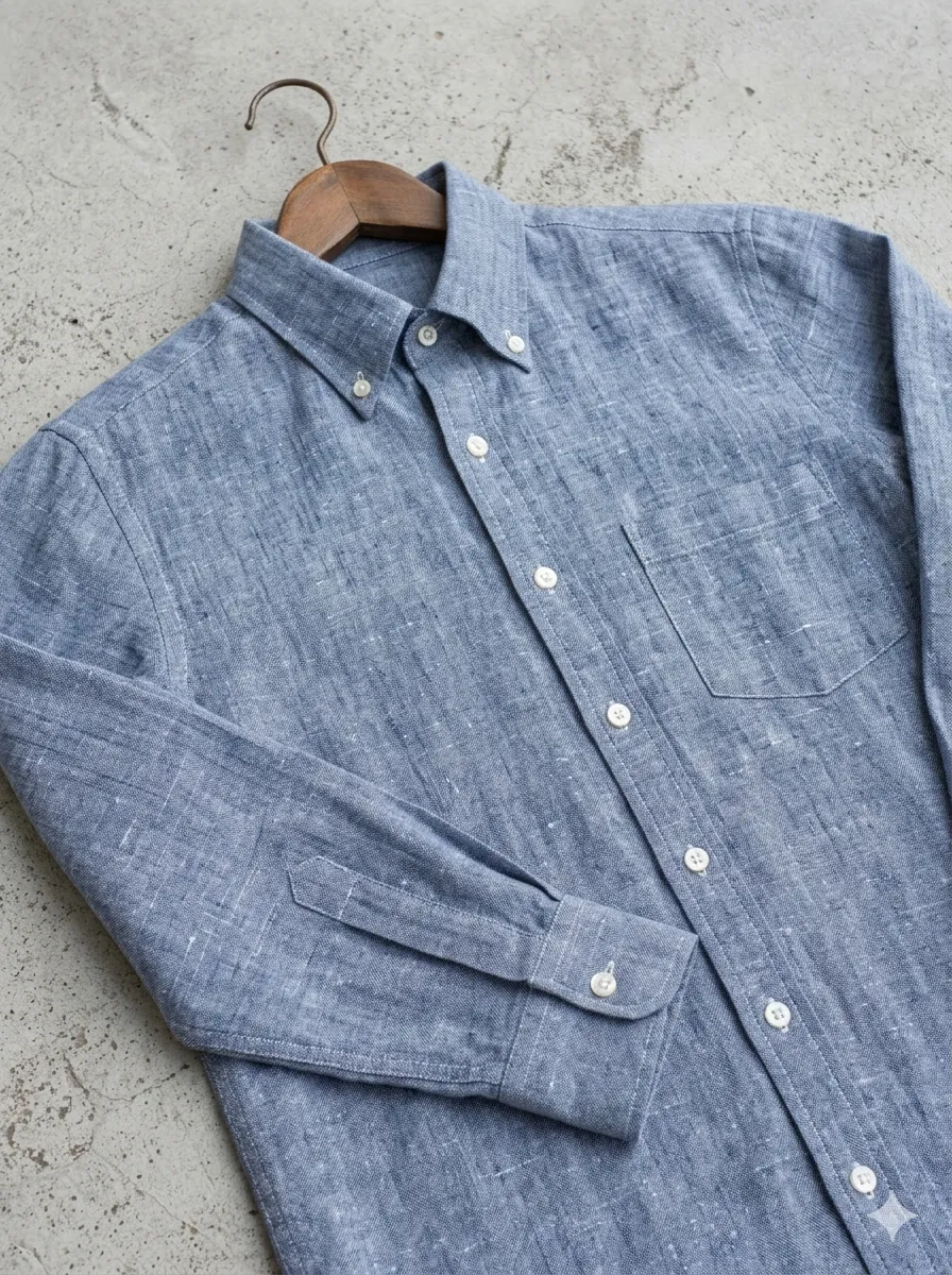 Bhavyaloom Men's 100% Pure Linen Luxury Shirt – Chambray Blue Breathable_result Bhavyaloom mens chambray blue textured pure linen full sleeve button down shirt with pocket on hanger