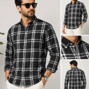 Bhavyaloom premium 100% pure linen black check full sleeves men's shirt with classic button-down collar, breathable lightweight fabric, regular fit, perfect for casual, office, travel and summer wear.
