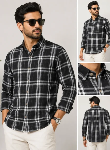 Bhavyaloom premium 100% pure linen black check full sleeves men's shirt with classic button-down collar, breathable lightweight fabric, regular fit, perfect for casual, office, travel and summer wear.
