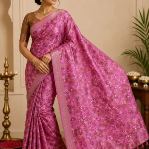 Bhavyaloom premium pink Kota Silk saree featuring elegant floral print, woven zari border, contrast blouse, and decorative pompom aachal, lightweight festive saree for weddings, parties, and traditional occasions.