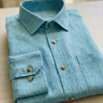 Bhavyaloom mens aqua blue pure linen full sleeve shirt with brown buttons folded view
