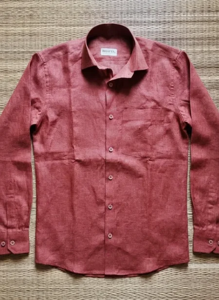 Terracotta Brick Red Pure Handloom Linen Full-Sleeve Casual Shirt for Men By Bhavyaloom